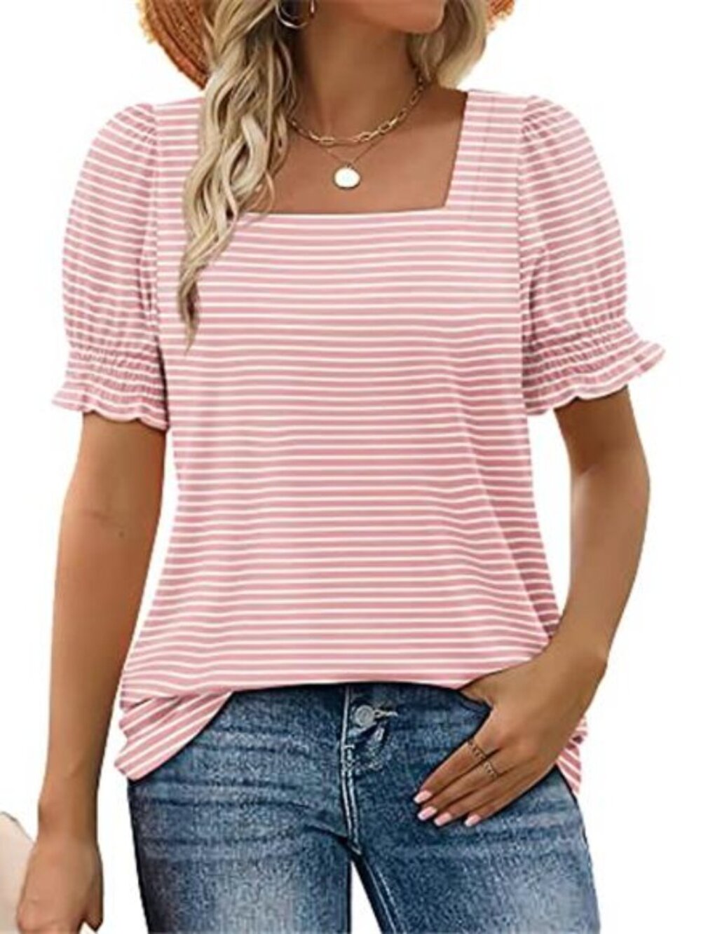 Tops for Women Summer Casual Ruffle Trim Sleeve Square Neck T Shirts
